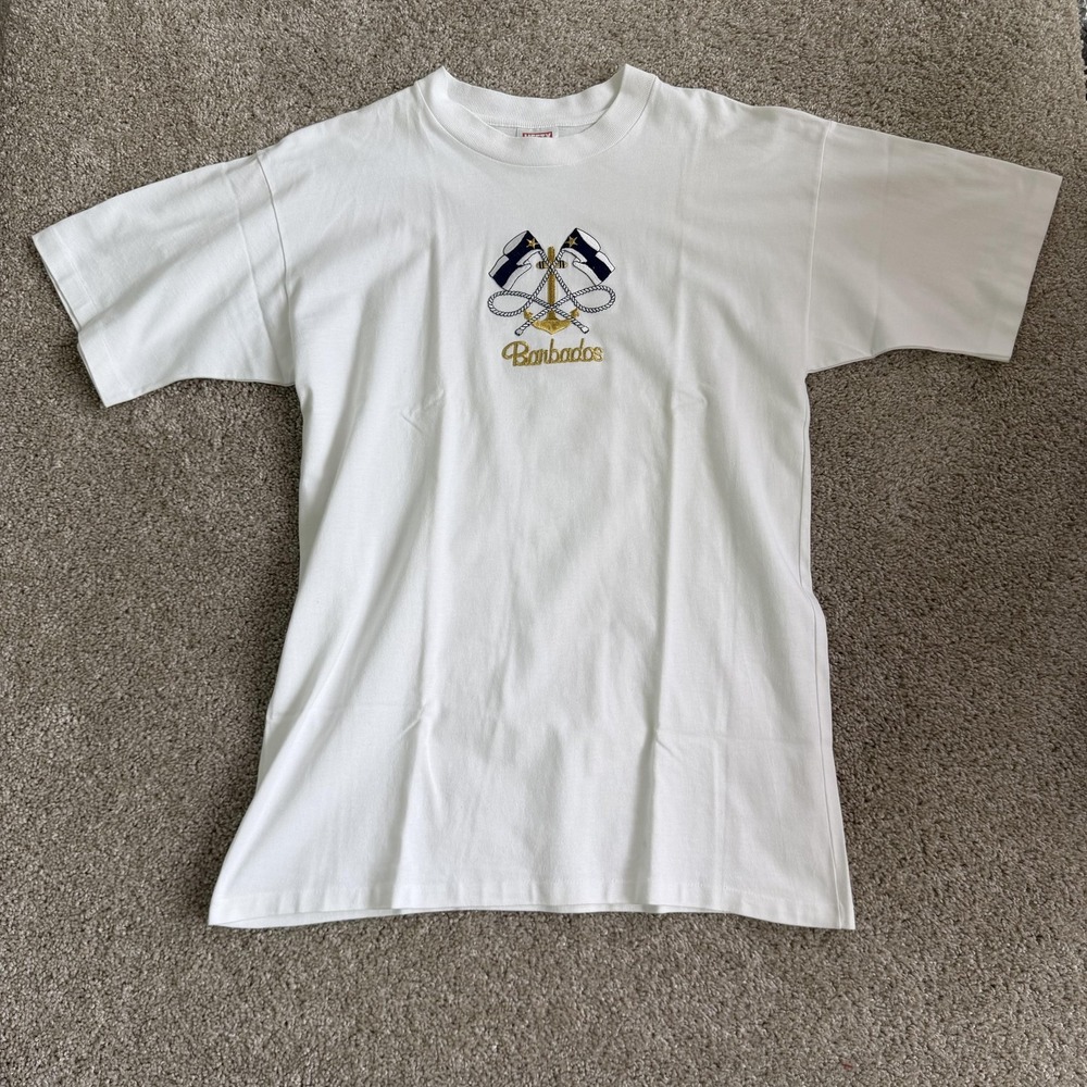 Vintage Barbados Embroidered Nautical Anchor Flags Shirt Womens XL White